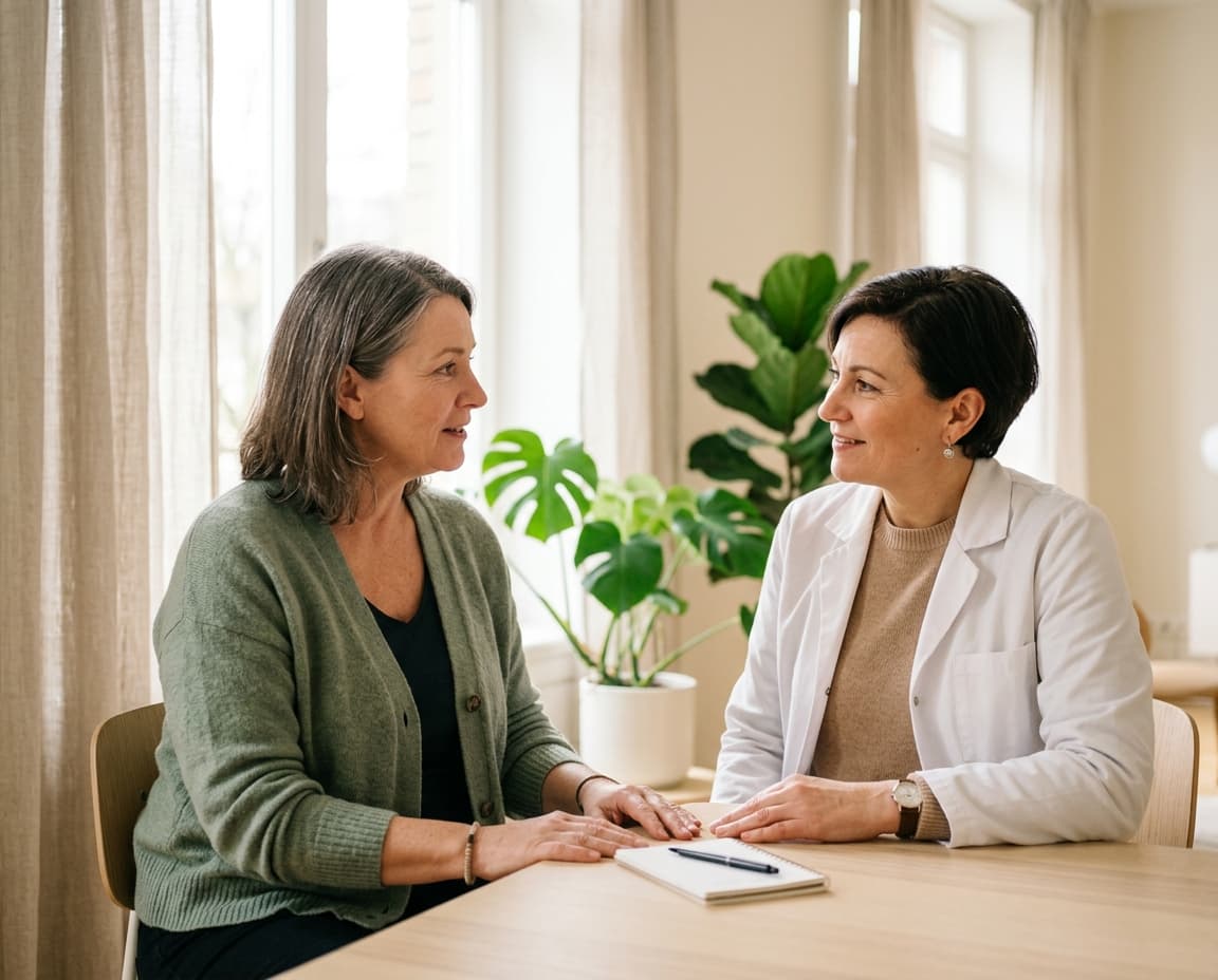 Senologin im Gespräch mit einer Patientin in einem hellen Behandlungszimmer.